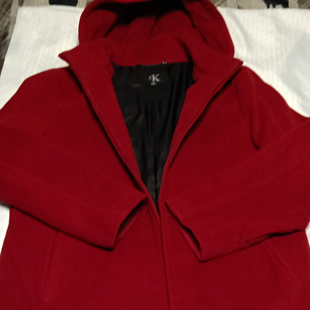 Calvin Klein Women's Red Wool Blend Zip Lined removable hood Overcoat Size L